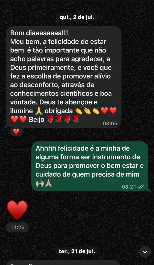 Mensagem de paciente agradecendo o alívio do desconforto