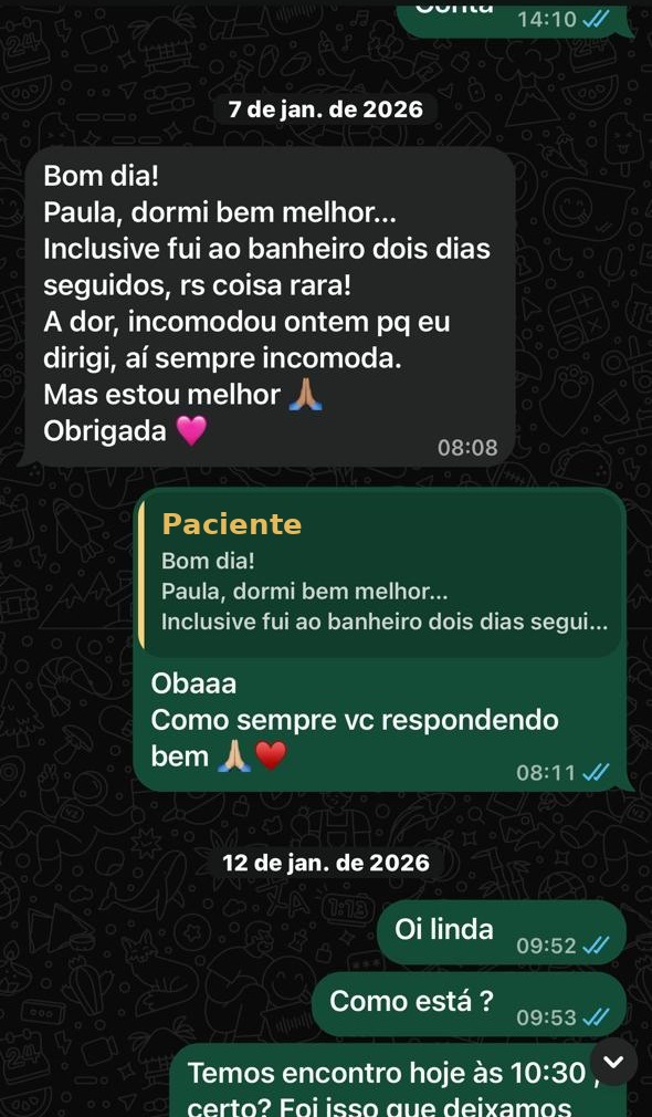 Mensagem de paciente relatando melhora do sono, do intestino e da dor