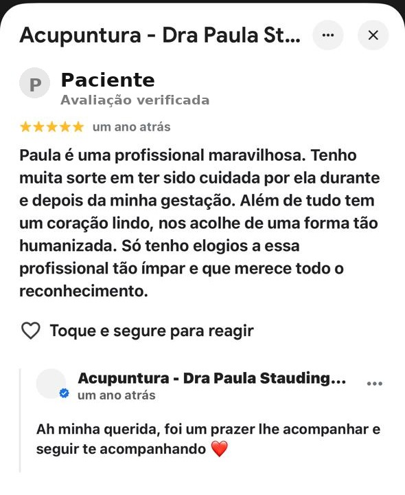 Avaliação de cinco estrelas no Google sobre o acompanhamento durante a gestação