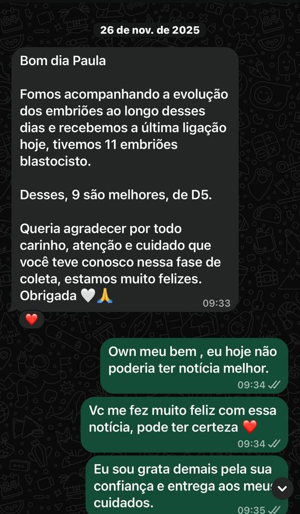 Mensagem de paciente contando a evolução dos embriões blastocistos